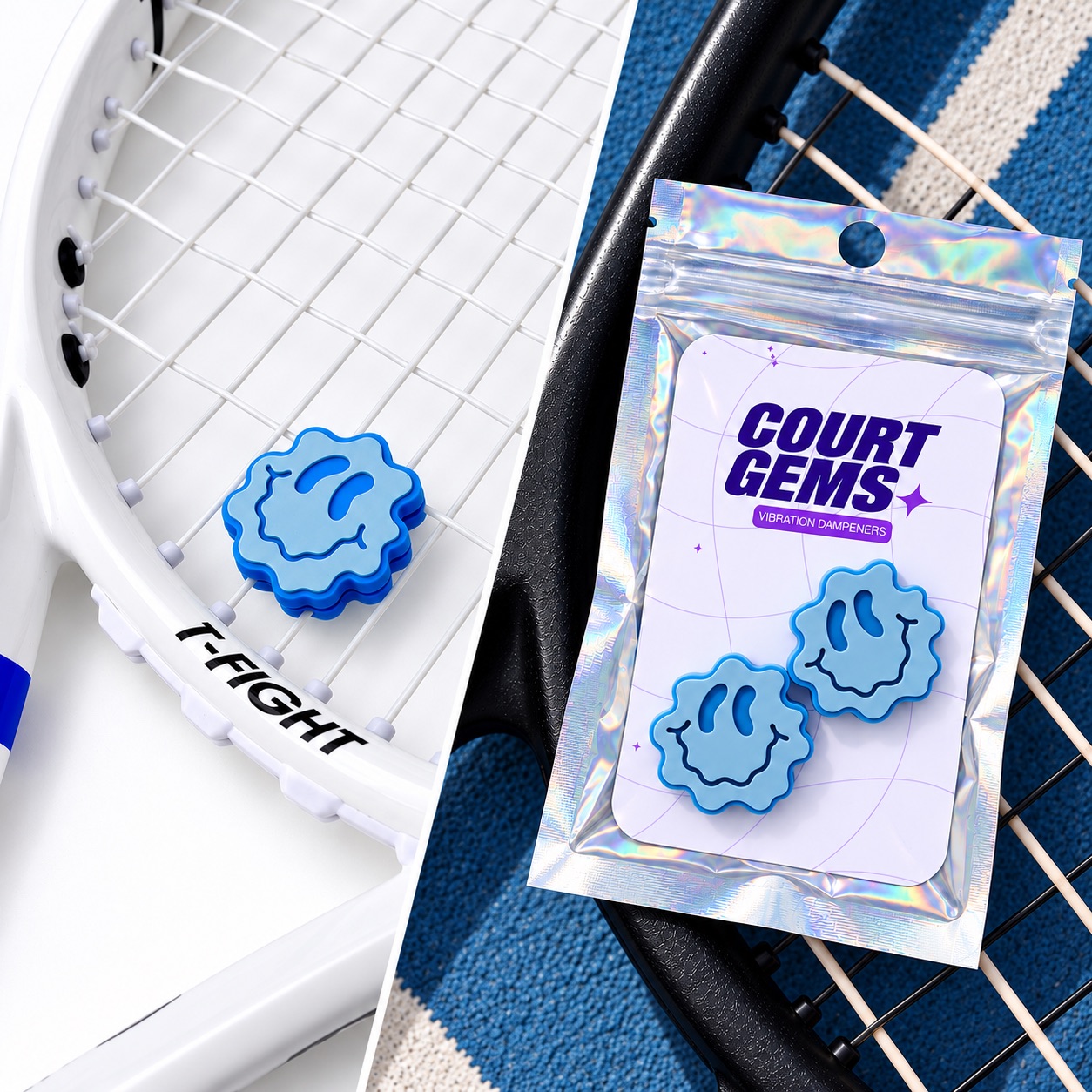 A Smiley Days dampener on a white racket, next to a Smiley Days 2-pack in its holographic pouch